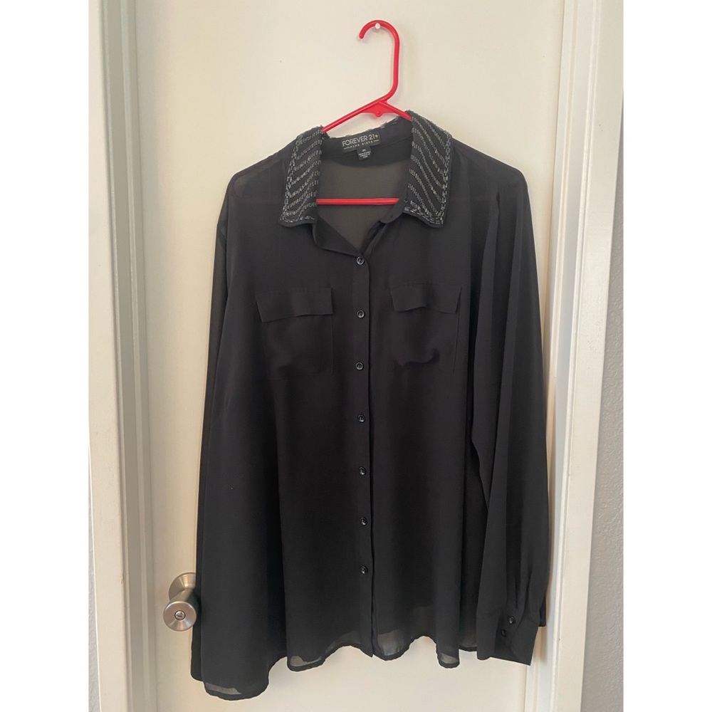 Sheer jeweled collar button up